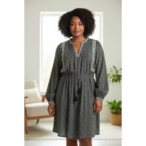 Old Navy Swing Shift Dress SZ LG Black W/ Cream Floral Belt Pockets Peasant Boho